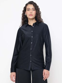Guess - Eliana Shiny Crystal Slinky Jet Black Embellished Spread Collar Regular Fit Shirt