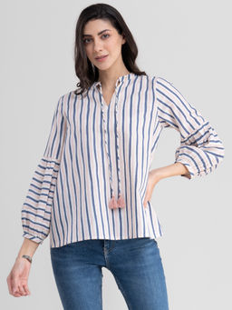 Pink Fort - Contrast Striped Cotton Top - Pink And Blue