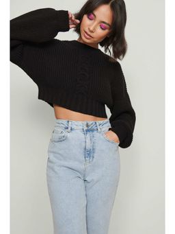 NA-KD - Cropped Cable Knit Sweater - Black