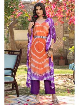 EverBloom - Kate Viscose Orange and Purple Tie Dye Kaftan Co-Ord (Set of 3)