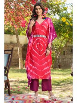 EverBloom - Jane Viscose Red and Wine Tie Dye Kaftan Co-Ord (Set of 3)