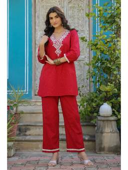 EverBloom - Belle Cotton Red Embroidered Co-Ord (Set of 2)