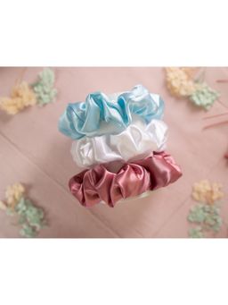 Knotty Ribbons - Pack Of 3 Satin Silk Scrunchies - Light Blue, White & Pink