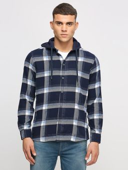 Pepe Jeans - Navy Blue Checks Long Sleeve Hooded Shirt