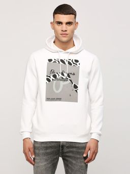 Pepe Jeans - White Typography Printed Hooded Sweatshirt