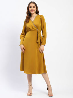 Madame - Empire Waist Chain Accented Mustard Midi Dress