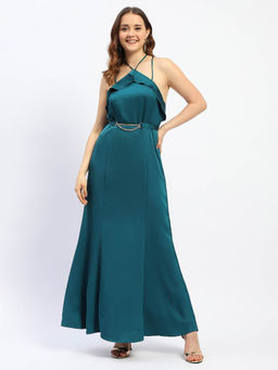 Madame - Halter Neck Metal Accented Belt Teal Maxi Dress