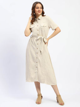 Madame - Beige Button Down Viscose Blend Shirt Dress