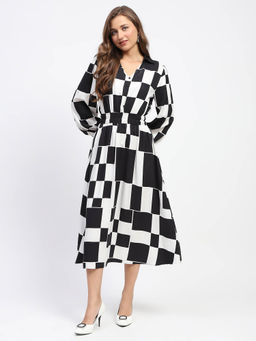 Madame - Chessboard Print Black Viscose Dress