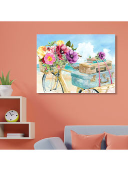 HomeTown - Ilona Cycle With Flower Basket Canvas Hand Painted With Glitter Painting, Multi Color
