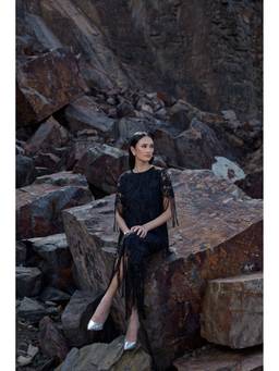 PUNEET KAPOOR LABEL - Black Schiffli Cutwork Fringe Pant