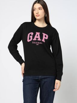 GAP - Women Black Pure Cotton Embroidered Sweatshirt