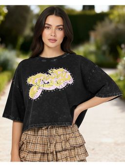 Bewakoof - Women Dark Grey Typography Oversized Acid Wash Crop T-shirt