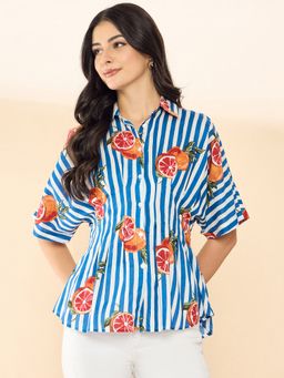 Uptownie - Drop Shoulder Waist Pleated Cotton Blue Shirt