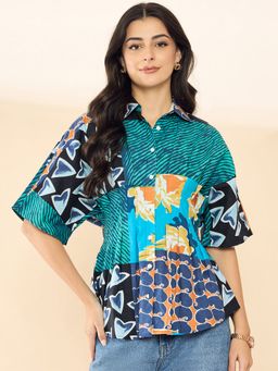 Uptownie - Drop Shoulder Waist Pleated Cotton Multicolor Shirt