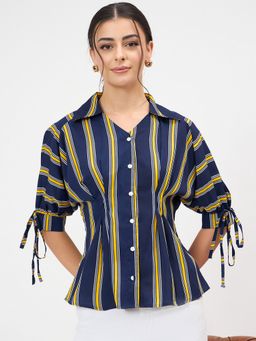 Uptownie - Navy Blue Puff Sleeve Waisted Shirt