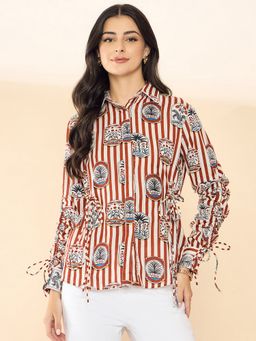 Uptownie - Brown Cinch Waist Cotton Tie-Up Shirt