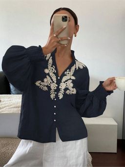 Outzidr - Bishop Sleeve V Neck Embroidered Navy Blue Top