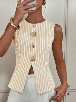 Outzidr - Sleeveless Metal Trim Front Slit Beige Top