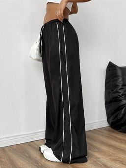 Outzidr - Black Striped Drawstring Wide Leg Pant