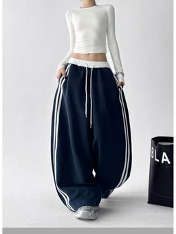 Outzidr - Navy Blue High Waist Contrast Band Pant