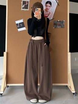 Outzidr - Brown High Waist Attached Drawstring Pant