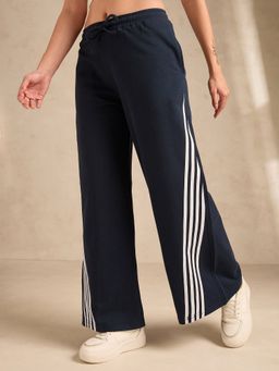 Outzidr - Navy Blue Contrast Striped Wide Leg Pant
