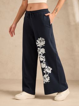 Outzidr - Navy Blue With Side Graphic Print Pant