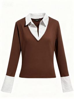 Outzidr - Full Sleeve Contrast Collar Fitted Brown Top