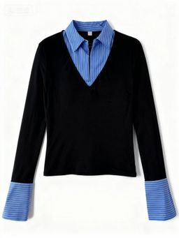 Outzidr - Full Sleeve Contrast Collar Fitted Black Top