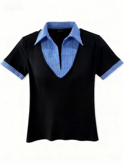 Outzidr - Short Sleeve Contrast Collar Fitted Black Top