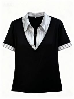 Outzidr - Short Sleeve Contrast Collar Fitted Black Top