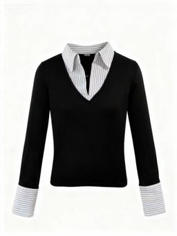 Outzidr - Full Sleeve Contrast Collar Fitted Black Top