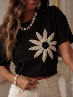 Outzidr - Short Sleeve Floral Embroidered Black Top