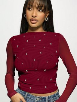 Outzidr - Full Sleeve Boat Neck Studded Maroon Top