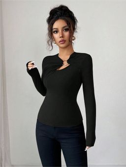 Outzidr - Full Sleeve Front Buckle Black Top