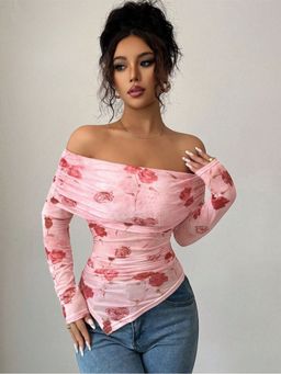 Outzidr - Full Sleeve Off Shoulder Printed Pink Top