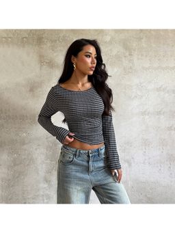 Outzidr - Boat Neck Striped Textured Grey Top