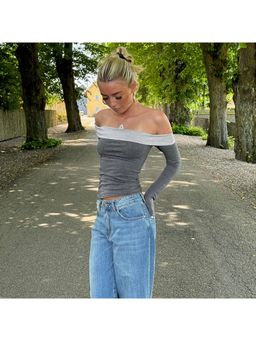 Outzidr - Off-Shoulder Dual Flap Grey Top