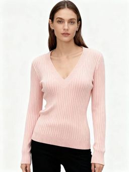 Outzidr - Full Sleeve V Neck Fitted Pink Top