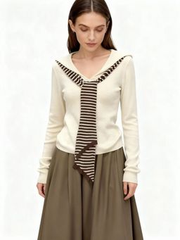 Outzidr - Full Sleeve V Neck Tie Up Cream Top