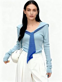 Outzidr - Full Sleeve V Neck Tie Up Blue Top