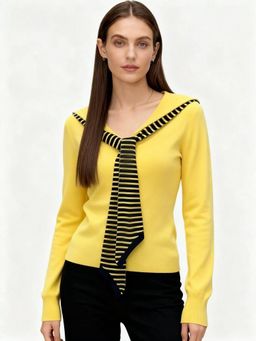 Outzidr - Full Sleeve V Neck Tie Up Yellow Top
