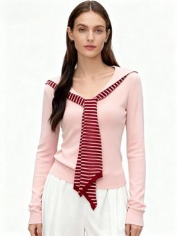 Outzidr - Full Sleeve V Neck Tie Up Pink Top
