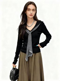 Outzidr - Full Sleeve V Neck Tie Up Black Top