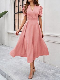Outzidr - Pink Fit And Flare Midi Dress