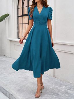 Outzidr - Teal Fit And Flare Midi Dress
