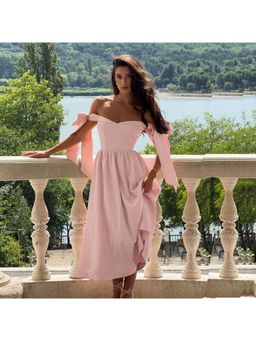 Outzidr - Pink Sweetheart Neckline With Bow Tie-Up Straps Midi Dress