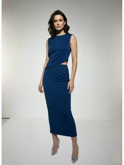 Outzidr - Women Cut In Waist Teal Bodycon Midi Dress