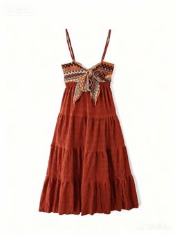 Outzidr - Orange Shoulder Strap Back Bow Tiered Maxi Dress